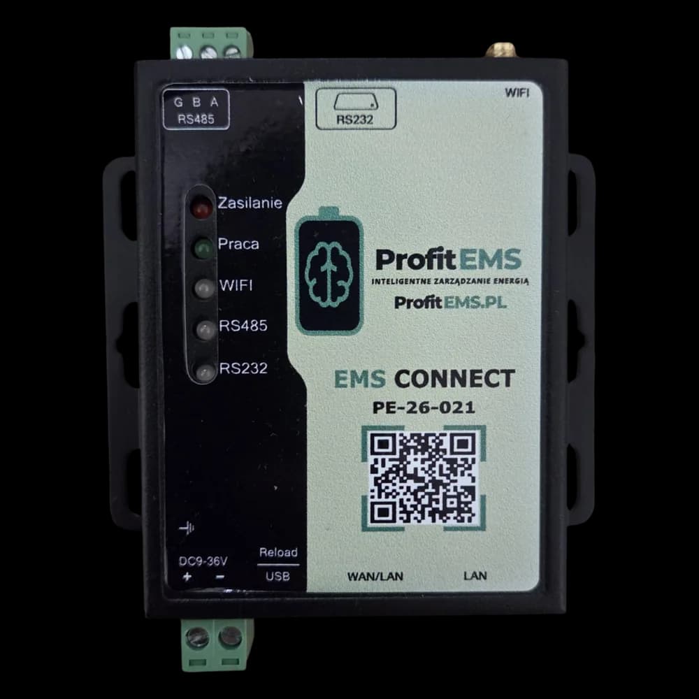 Bramka EMS Connect: czarna metalowa obudowa z naklejką ProfitEMS z kodem QR i numerem seryjnym, pięcioma kontrolkami oraz opisanymi portami RS485, RS232 i LAN.